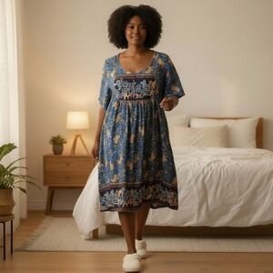 Only Necessities Women 4X Grandma Blue Dress Cotton Paisley Floral  Mumu Pockets